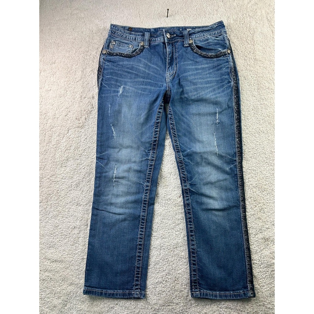 Miss Me‎ Boyfriend Capri Jeans Womens 27 Blue Distressed Embroidered Denim Pants